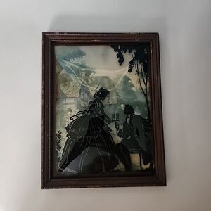 Reverse Painted Silloutte Victorian Couple Convex Glass  Framed Art Southern